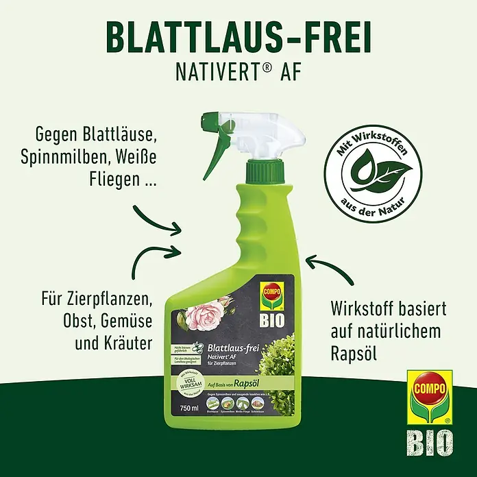 Compo Blattlausfrei Nativert® AF - 750 ml - Grüne Sprühflasche COMPO BIO Blattlaus-frei, auf Rapsölbasis, für den Pflanzenschutz.