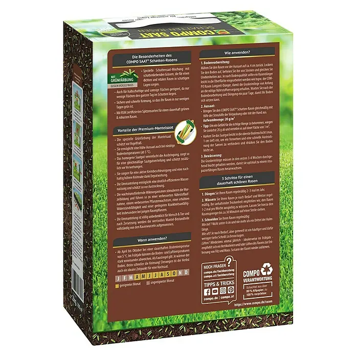 Compo Saat Rasensamen Schattenrasen - 2 kg, 100 m² - Grüne und braune Pappschachtel COMPO SAAT® Schatten-Rasensamen mit Produktinformationen und Anwendungshinweisen.
