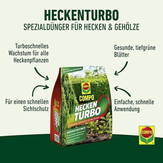 Compo Strauch- & Heckendünger Hecken Turbo - 4 kg - Roter und grüner COMPO HECKEN TURBO Düngerbeutel für Hecken und Gehölze.