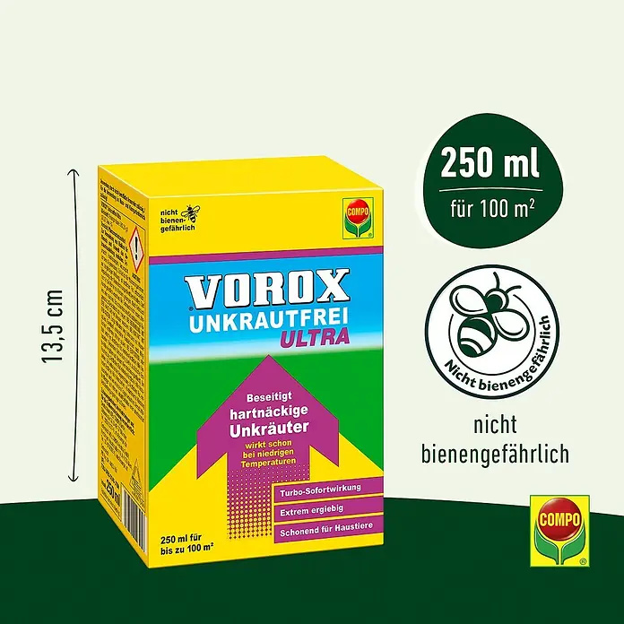 Compo Vorox Unkrautfrei Ultra - 250 ml - Gelb-blaue Packung VOROX UNKRAUTFREI ULTRA Unkrautvernichter, 13,5 cm hoch. 250 ml für 100 m², nicht bienengefährlich.