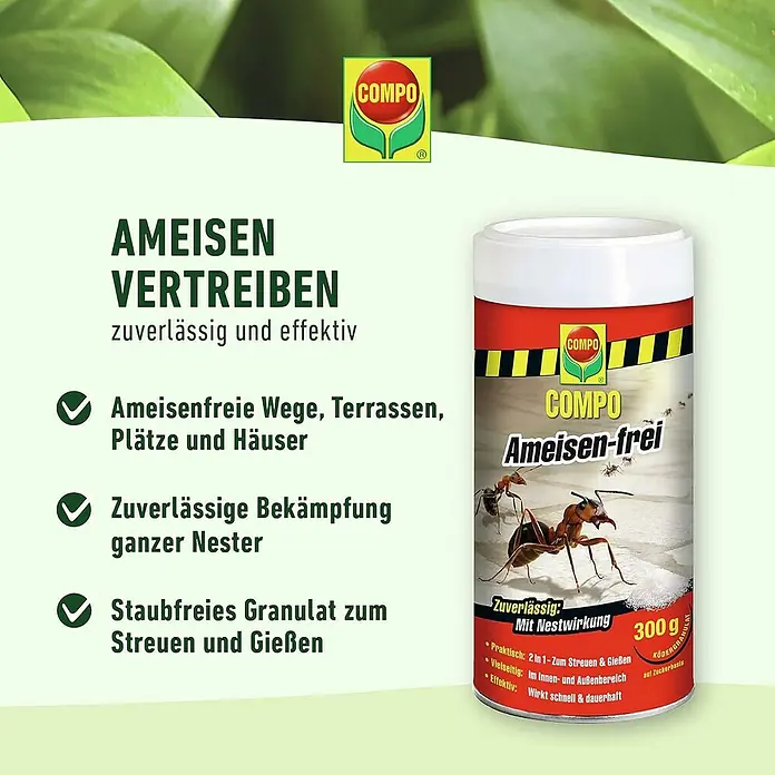 Compo Ameisen-Mittel Ameisen-frei - 500 g - COMPO Ameisen-frei Ameisenködergranulat im rot-weißen Behälter mit schwarzem Etikett, Ameisenabbildung und 300g Inhalt.