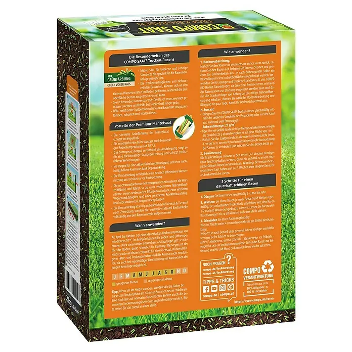 Compo Saat Rasensamen Trockenrasen - 2 kg, 80 m² - Schachtel mit COMPO SAAT Trocken-Rasen Grassamen, grünem Design und detaillierten Anweisungen.