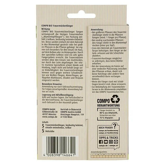 Compo Bio Klebefalle Trauermückenfänger - Gelb, 5 Stk. - Etikett für COMPO BIO Trauermückenfänger, beschreibt Anwendung für Pflanzen, aus Plastikfallen und Kartonverpackung.