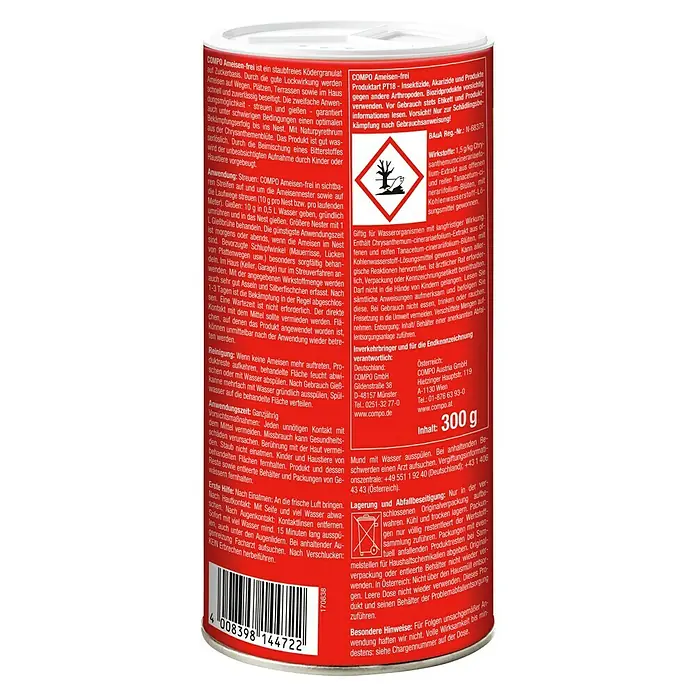 Compo Ameisen-Mittel Ameisen-frei - 300 g - Rote COMPO Ameisen-frei Ködergranulatdose, 300g, mit Produktinformationen und Warnhinweisen.