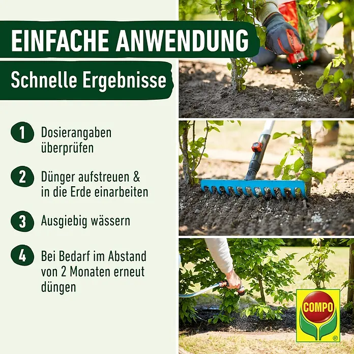 Compo Strauch- & Heckendünger Hecken Turbo - 4 kg - Schritt-für-Schritt-Anleitung zur COMPO Düngeranwendung: Auftragen, einarbeiten, wässern und bei Bedarf wiederholen.