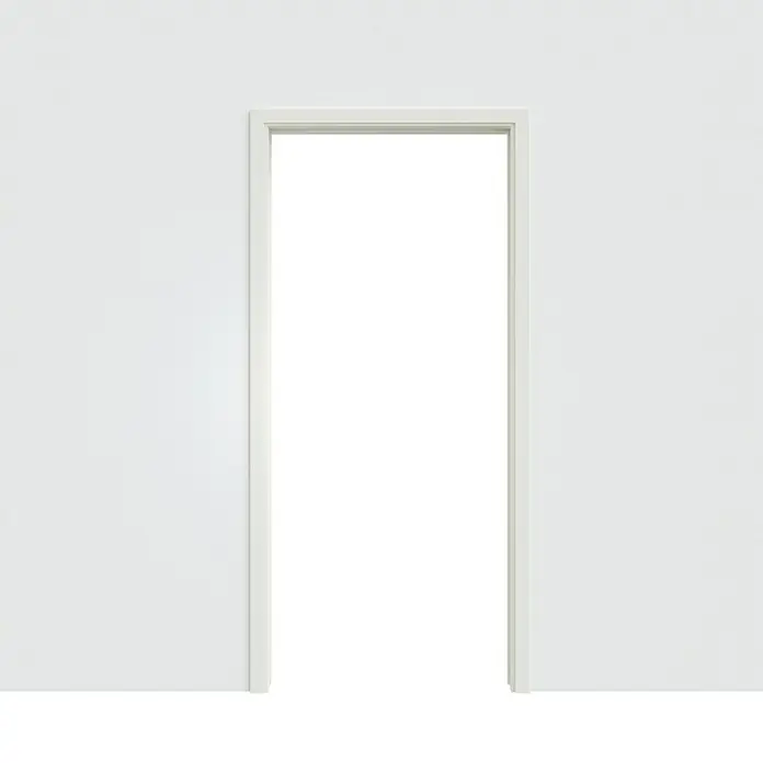 Entravia Zarge CW75 - 735 x 1.985 mm, Holzschiebetüren, 2-flügelig, Passend für: Entravia Simple-Pocket Schiebetürsystem, Weiß lackiert, ähnlich RAL 9010 - Weißer Türrahmen an einer hellen Wand mit einem schwarzen Rechteck in der Mitte. Perfekt für minimalistische Designs und moderne Architektur.