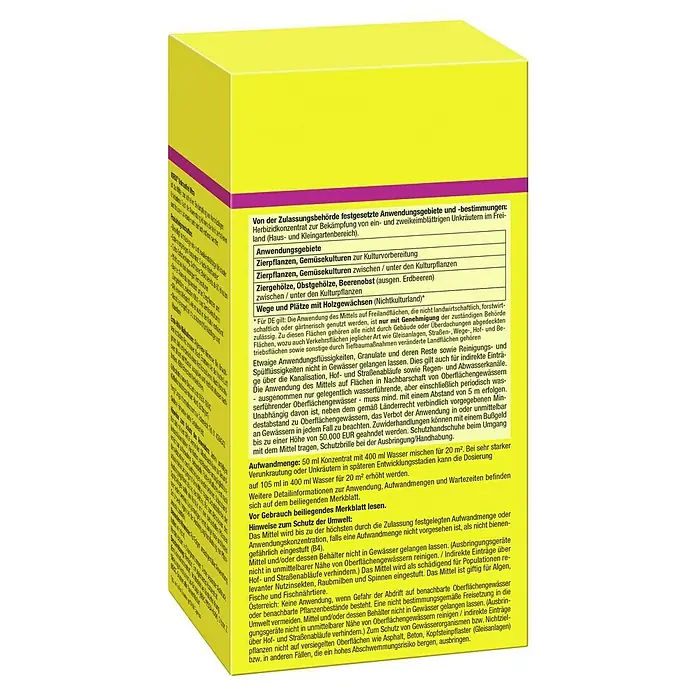 Compo Vorox Unkrautfrei Ultra - 450 ml - Gelbe Verpackung für Unkrautvernichter mit schwarzem und lila Aufdruck.