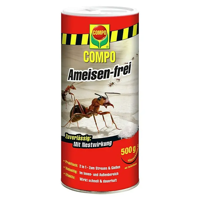 Compo Ameisen-Mittel Ameisen-frei - 500 g - COMPO Ameisen-frei Ameisenköder-Granulat, 500g Dose, rot-gelb, zur Streu- & Gießanwendung, mit Nestwirkung.