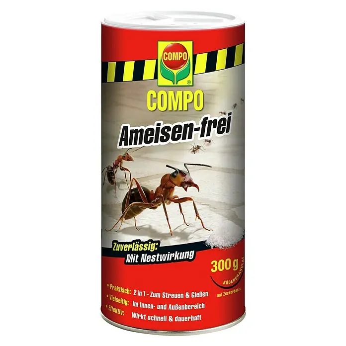 Compo Ameisen-Mittel Ameisen-frei - 300 g - COMPO Ameisen-frei Dose, 300g Ködergranulat mit rotem und gelbem Design, mit Ameisen. Für innen und außen, wirksam gegen Nester.