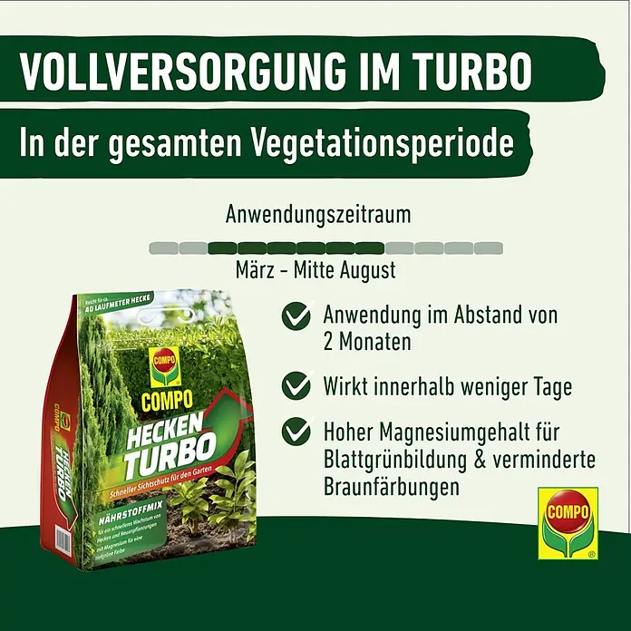 Compo Strauch- & Heckendünger Hecken Turbo - 4 kg - Rote und grüne Tüte mit COMPO HECKEN TURBO Dünger, zeigt grüne Hecken und Pflanzen für schnelles Wachstum.