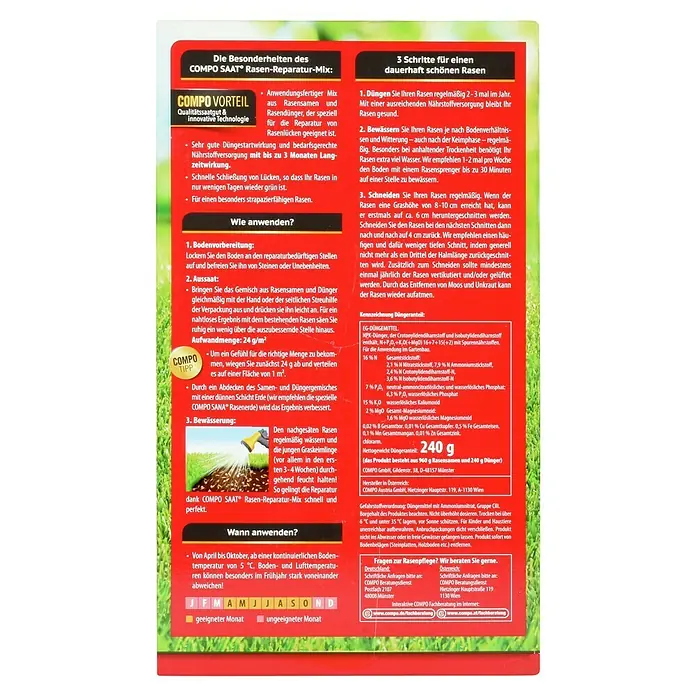 Compo Saat Rasensamen Reparatur-Mix - 1,2 kg, 50 m² - Rotes Produktetikett für COMPO SAAT® Rasen-Reparatur-Mix mit Anweisungen, Inhaltsstoffen und Anwendungszeiten.