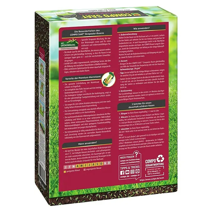 Compo Saat Rasensamen Strapazier-Rasen - 2 kg, 100 m² - Rotbraune Packung für COMPO SAAT® Strapazier-Rasensamen mit grün/weißen Texten und Rasenabbildungen.