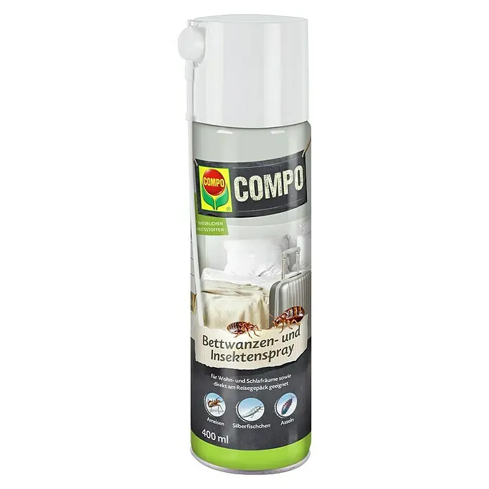 Compo Bettwanzenspray - 400 ml - Weißer COMPO Insektenspraybehälter (400 ml) mit grauschwarzem Etikett und grünem Boden, für Bettwanzen, Ameisen, Silberfischchen und Asseln.