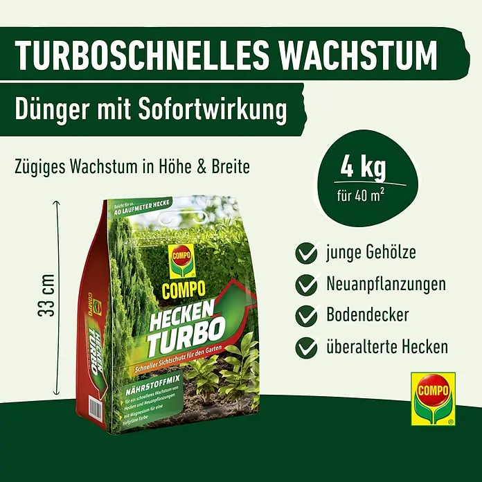 Compo Strauch- & Heckendünger Hecken Turbo - 4 kg - Roter und grüner 4 kg Beutel COMPO HECKEN TURBO Dünger, 33 cm hoch, für turboschnelles Hecken- und Pflanzenwachstum.