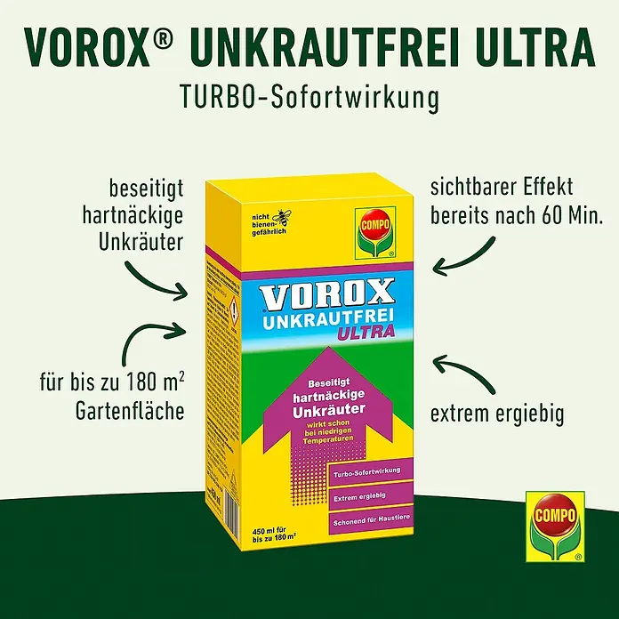 Compo Vorox Unkrautfrei Ultra - 450 ml - Vorox Unkrautfrei Ultra Unkrautvernichter, 450 ml. Gelb-blaue Verpackung, Turbo-Wirkung gegen hartnäckige Unkräuter, nicht bienengefährlich.