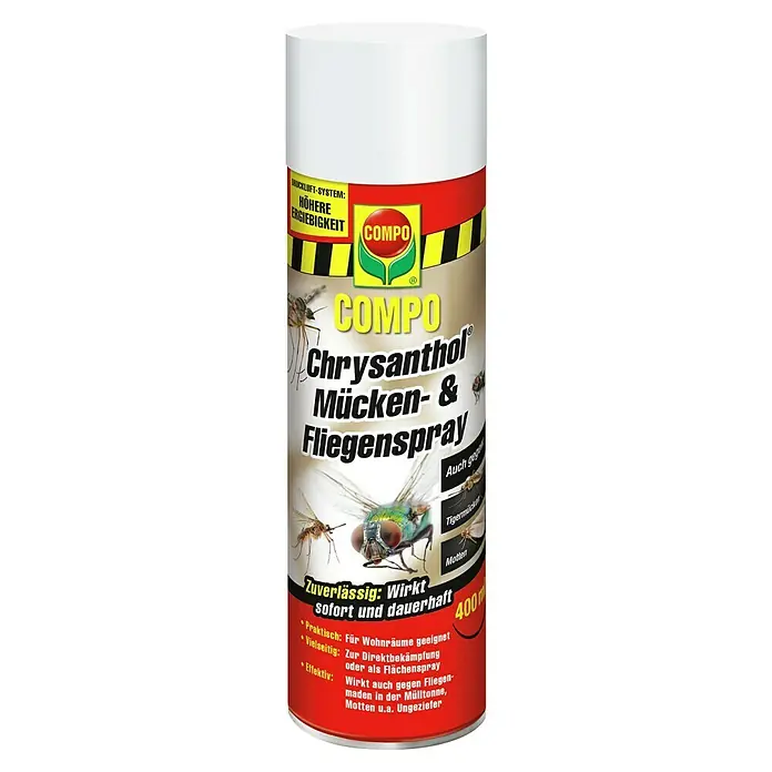 Compo Insekten-Spray Chrysanthol® - 400 ml - COMPO Chrysanthol Mücken- & Fliegenspray, 400ml Aerosoldose mit weißer Kappe und beigem Korpus, illustriert mit Insekten.