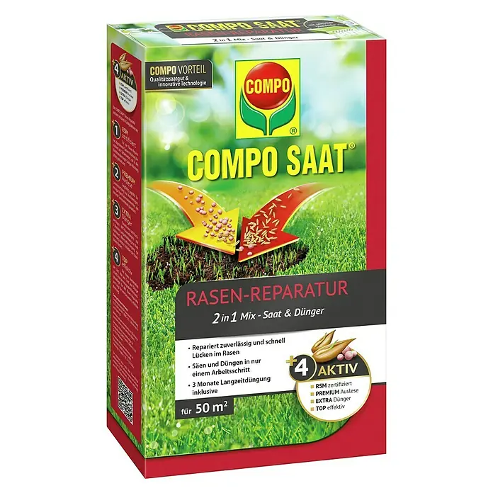 Compo Saat Rasensamen Reparatur-Mix - 1,2 kg, 50 m² - Weiße, grün-rote COMPO SAAT 2-in-1 Rasenreparatur-Box (Saat & Dünger) mit Gras und Streukörnern.