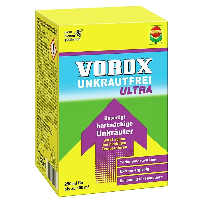 Compo Vorox Unkrautfrei Ultra - 250 ml - Gelb-lila Karton VOROX UNKRAUTFREI ULTRA, ein bienenfreundliches Unkrautvernichtungsmittel für bis zu 100 m², schonend für Haustiere.
