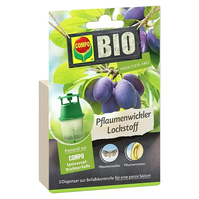 Compo Bio Pflaumenwickler-Lockstoff - 3 Stk. - Verpackung für COMPO Pflaumenwickler-Lockstoff, insektizidfrei und bio, zeigt Pflaumen, eine Falle, Motte und Larve. Enthält 3 Saisondispenser.