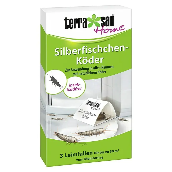 Terrasan Silberfischköder - 3 Stk. - Weiß-grüne Terra San Home Silberfischchen-Köderbox, zeigt Silberfische und eine offene, insektizidfreie Leimfalle.