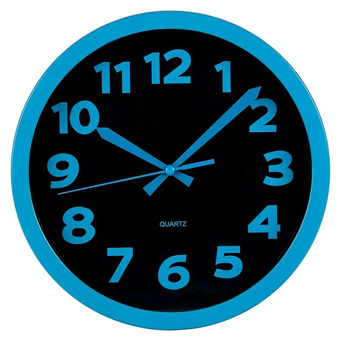 Wanduhr - Durchmesser: 25 cm, Blau - Blaue Wanduhr mit schwarzem Zifferblatt, gut lesbaren Zahlen und einem präzisen Quarzwerk.