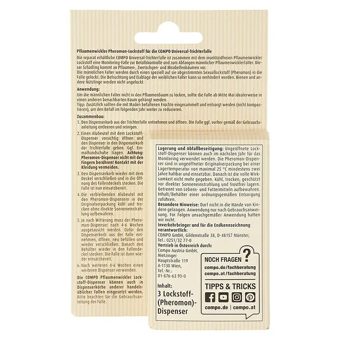 Compo Bio Pflaumenwickler-Lockstoff - 3 Stk. - Verpackung/Anleitung für COMPO Pflaumenwickler Pheromon-Lockstoff und Universal-Trichterfalle mit 3 Dispensern. Text zu Anwendung, Montage, Lagerung.
