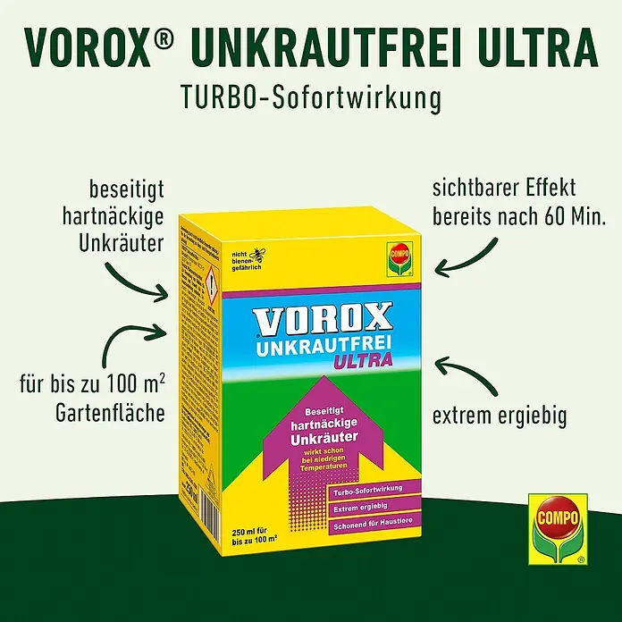 Compo Vorox Unkrautfrei Ultra - 250 ml - VOROX® UNKRAUTFREI ULTRA Unkrautvernichter in gelber Box, wirksam für bis zu 100 m², schnell wirkend in 60 Min., bienen- und haustierfreundlich.
