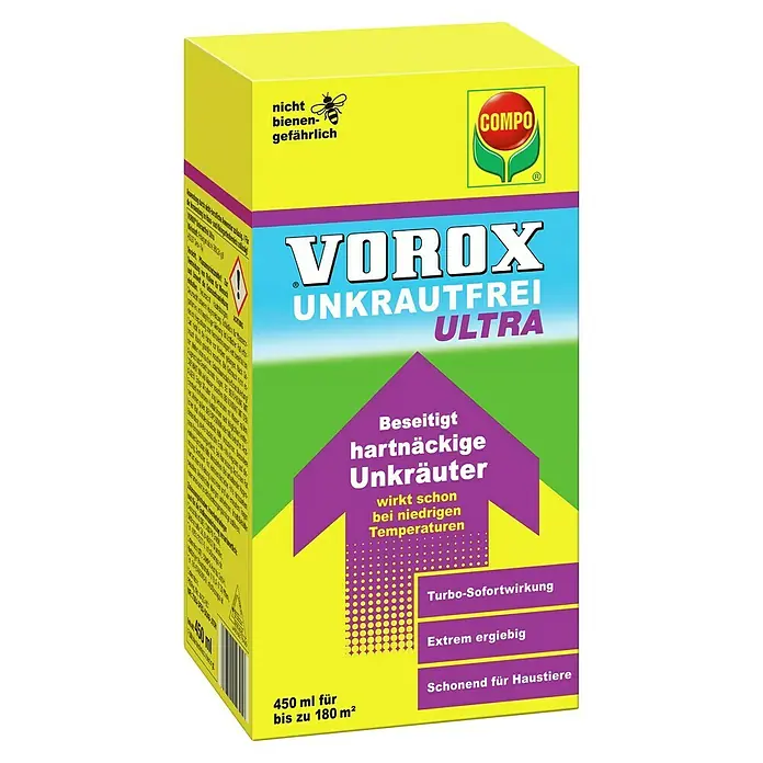 Compo Vorox Unkrautfrei Ultra - 450 ml - Gelb-violette Verpackung des COMPO VOROX UNKRAUTFREI ULTRA Unkrautvernichters, 450ml, bienen- und haustierfreundlich.
