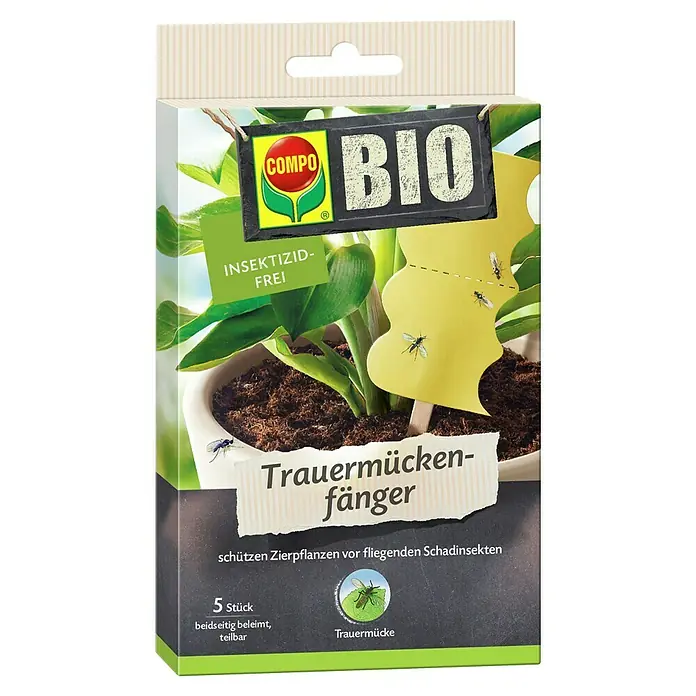 Compo Bio Klebefalle Trauermückenfänger - Gelb, 5 Stk. - COMPO BIO Trauermückenfänger-Packung. Zeigt gelbe Klebefallen in einem Blumentopf, die kleine Fliegen fangen. Insektizidfrei.