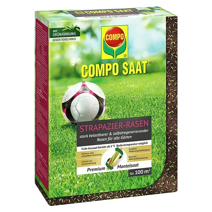 Compo Saat Rasensamen Strapazier-Rasen - 2 kg, 100 m² - Grüne und braune Schachtel COMPO SAAT Strapazier-Rasen Samen, mit Gras, Fußball und Text zu 'Mantelsaat'.
