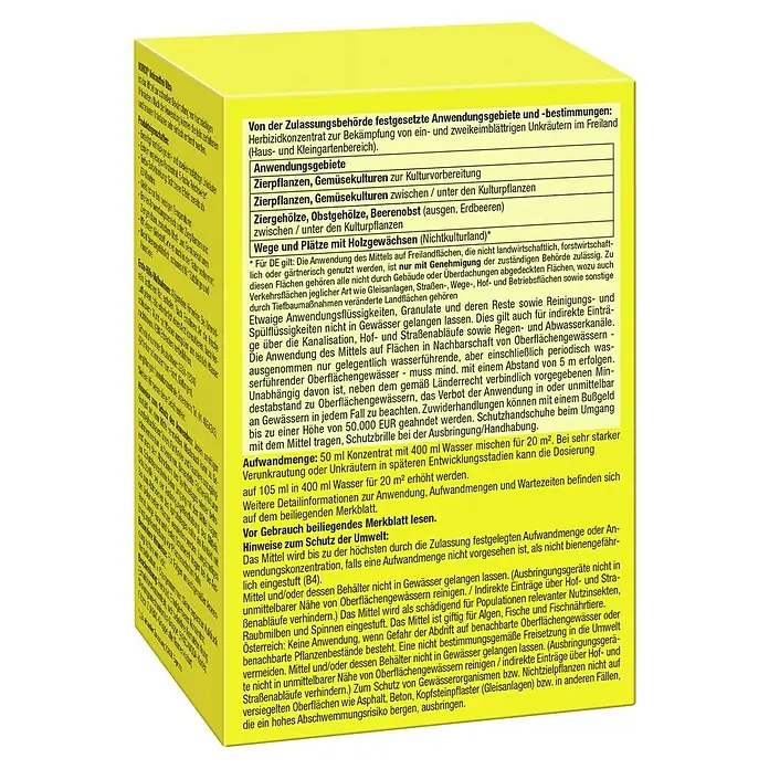 Compo Vorox Unkrautfrei Ultra - 250 ml - Gelbe Produktverpackung mit ausführlicher deutscher Beschriftung zu Anwendung und Sicherheitshinweisen für ein Herbizid.