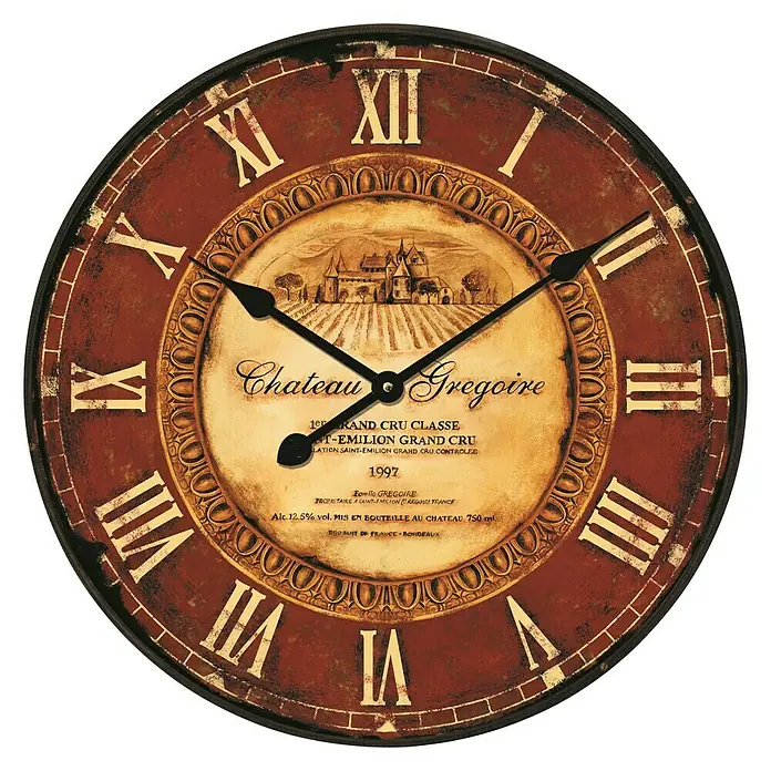 Wanduhr - Durchmesser: 50 cm, Braun - Vintage-Wanduhr im Wein-Design. Dekoratives Accessoire mit römischen Ziffern und einem Château-Motiv, ideal für Küche oder Esszimmer.