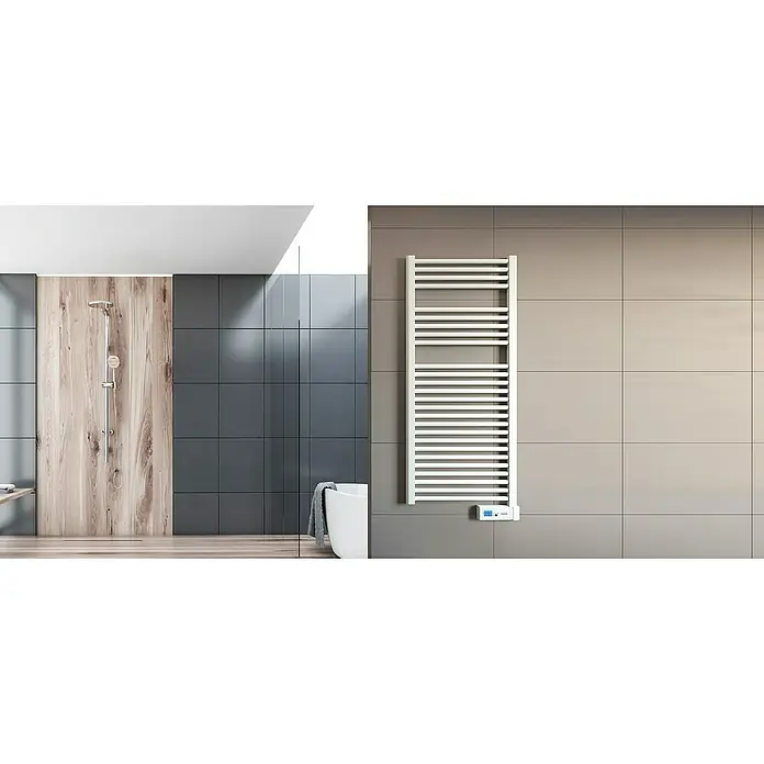 Rointe Radiador toallero eléctrico Giza LCD - An x Al: 50 x 88 cm, 300 W, Blanco - Un moderno toallero blanco cuelga en una pared gris claro en un baño. Proporciona toallas calientes y un ambiente acogedor.
