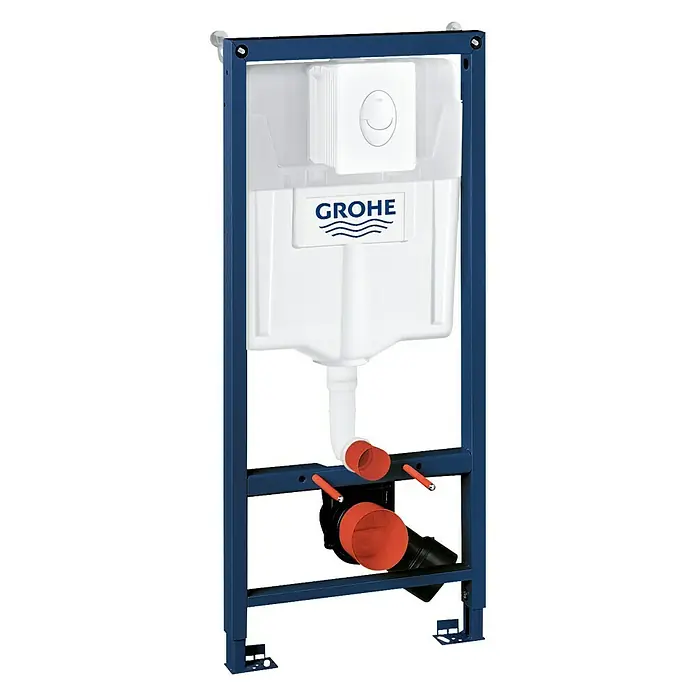Grohe Rapid SL WC-Vorwandelement 3 in 1-Set - 16,5 x 50 x 113 cm, Mit Grohe Skate Air Betätigungsplatte, Pulverbeschichtet - Grohe Rapid SL Spülkasten-Installationselement für Wand-WC mit blauem Rahmen und weißem Spülkasten mit Grohe-Logo.