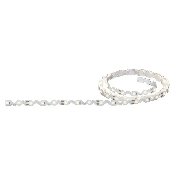 Paulmann LED-Band FlexLED 3D Basisset - Länge: 1,5 m, Lichtfarbe: Warmweiß, 6,5 W, 480 lm - Eine LED-Lichterkette auf einer weißen Oberfläche, die sich in einer Schlaufe windet und eine dekorative Beleuchtungslösung bietet.