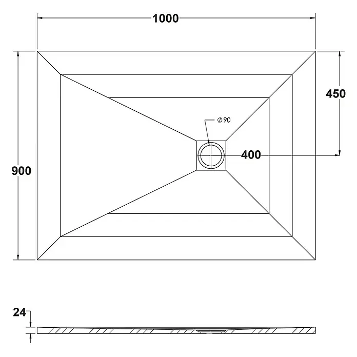 Ottofond Duschwanne Rosario - L x B: 100 x 90 cm, Weiß - Schemazeichnung einer rechteckigen Duschwanne mit Abmessungen und Detailansicht der Ablaufgarnitur.