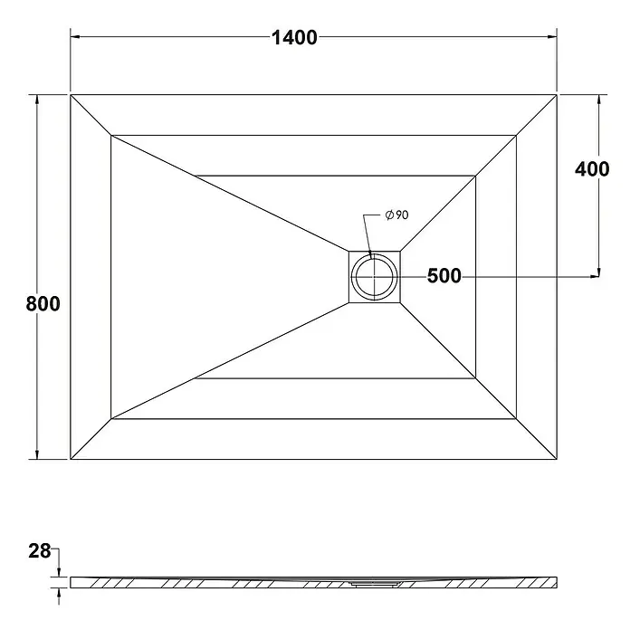 Ottofond Duschwanne Rosario - L x B: 140 x 80 cm, Anthrazit - Abbildung einer Duschwanne mit den Maßen 1400x800mm und einer Höhe von 28mm. Der Ablauf hat einen Durchmesser von 90mm.