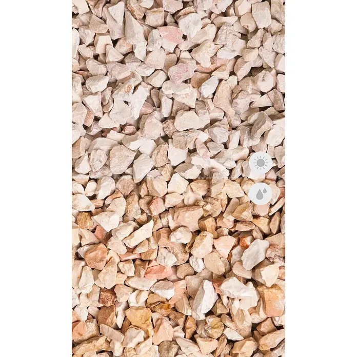 Min2C Mulch Mineralisch - Gelb, Körnung: 8 mm - 16 mm, 25 kg - Nahaufnahme von Rosakies, ideal für Gartenwege oder dekorative Zwecke im Außenbereich. Witterungsbeständig und langlebig.