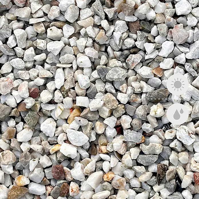 Min2C Mulch Mineralisch - Hell, Körnung: 8 mm - 16 mm, 25 kg - Nahaufnahme von Zierkies in verschiedenen Farben und Größen, ideal für Gartenwege und dekorative Zwecke.