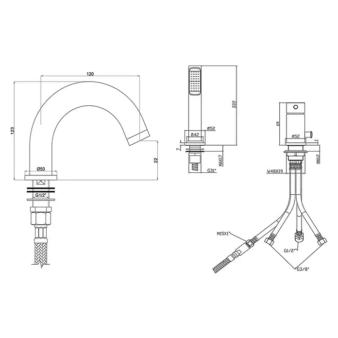 Ottofond Badewannenrandarmatur S3000 - Chrom, Glänzend - Technische Zeichnung einer Armatur mit Maßen und Anschlüssen für Bad oder Küche zur Produktbeschreibung.