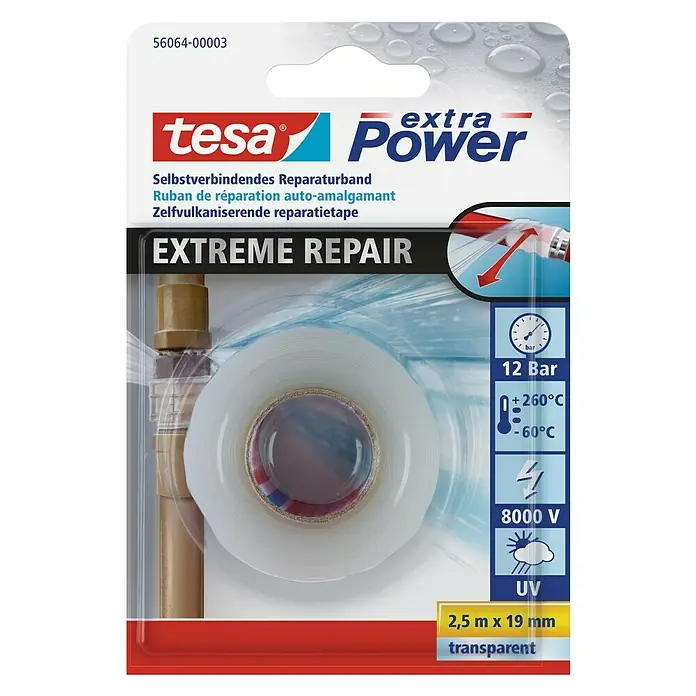 Tesa Extra Power Reparaturband Extreme Repair - 2,5 m x 19 mm, Transparent, Selbstverschweißend - Tesa Extra Power Extreme Repair: Selbstverschweißendes Reparaturband für extreme Anwendungen, transparent, 2,5 m x 19 mm.