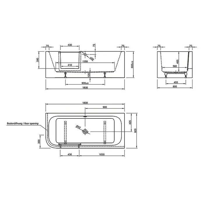 Ottofond Badewanne Pueblo - 180 x 80 cm, Sanitäracryl, Weiß, Links, Mit Ab- und Überlaufgarnitur - Technische Zeichnung einer rechteckigen Badewanne mit Maßangaben, die die Abmessungen und Details des Produkts hervorhebt.