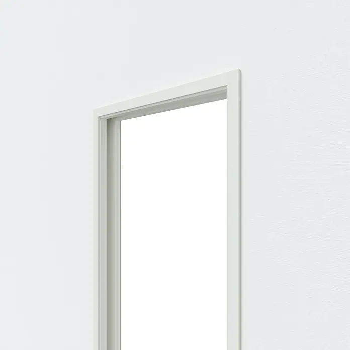Entravia Zarge CW75 - 985 x 1.985 mm, Holzschiebetüren, 1-flügelig, Passend für: Entravia Simple-Pocket Schiebetürsystem, Weiß lackiert, ähnlich RAL 9016 - Detailaufnahme einer weißen Türöffnung in einer weißen Wand. Die Türöffnung ist der primäre Fokus.