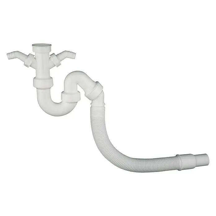 Admiral Spültisch-Siphon - 1 ½″, DN 50/40, Klemmen - Weißer Siphon für Spüle mit Doppelanschluss und flexiblem Ablaufschlauch. Ideal für Küchen- oder Badezimmerwaschbecken.
