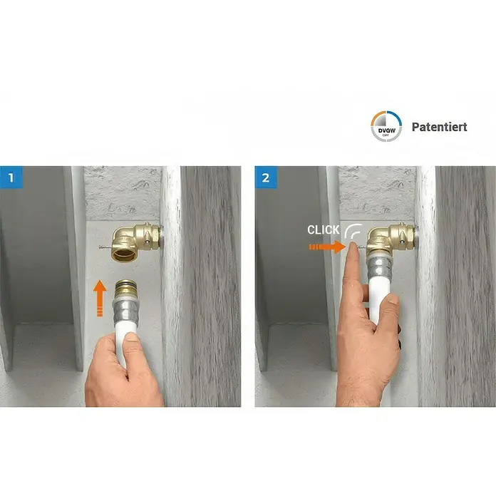 Gewindeanschluss - ¾″, Messing - Montageanleitung für ein patentiertes DVGW-zertifiziertes Sanitärsystem mit einem Eckverbinder und einem Rohr.