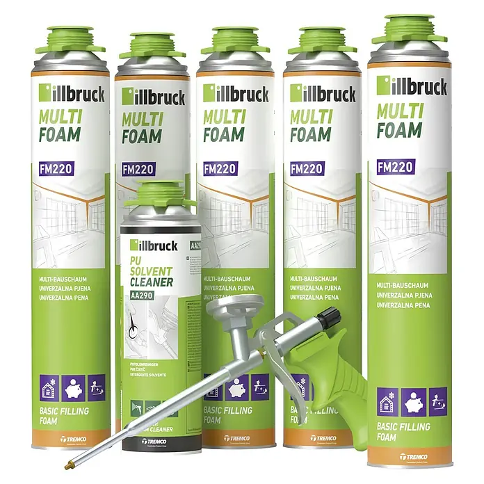 Illbruck Bauschaum Set FM220 - 8 -tlg. - Set aus illbruck Multi-Schaum, Reinigerdosen und einer Schaumpistole.