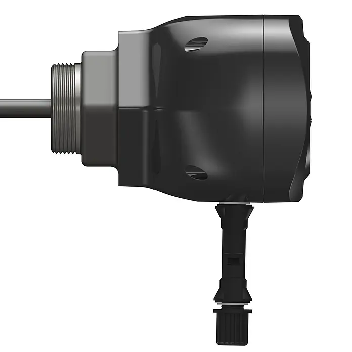 Heizstab - 550 W - Dunkelgraues Industrieteil mit metallischem Gewindeanschluss und kleinerem schwarzem Steckverbinder darunter.