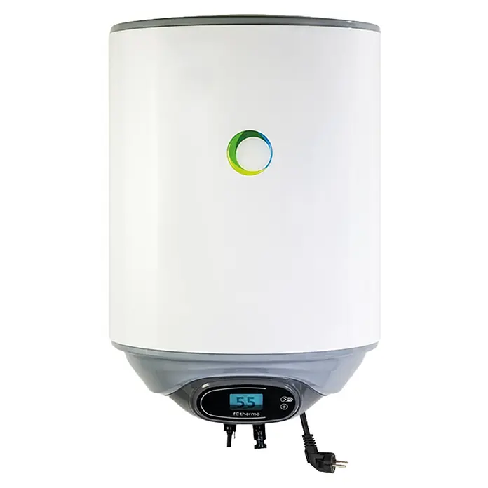 Boiler Solar-Hybrid - 29 l - Weiß-grauer Elektro-Warmwasserbereiter mit Digitalanzeige '55', 'EC thermo' und Netzkabel mit Stecker.