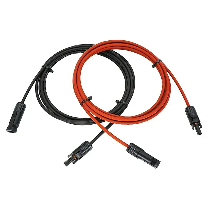 Solar-Verlängerungskabel - Länge: 10 m - Zwei aufgerollte Solarkabel, eines schwarz, eines orange, jeweils mit MC4-Anschlüssen an beiden Enden.
