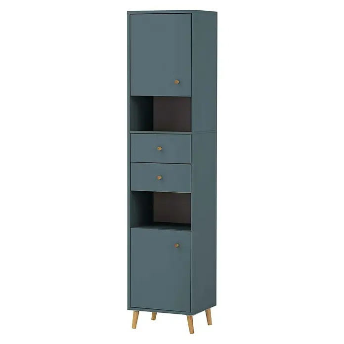 Schildmeyer Bjarne Hochschrank - B x T x H: 40,3 x 33,05 x 180,6 cm, Fjord, Matt - Hoher blaugrauer Aufbewahrungsschrank mit zwei Türen, zwei Schubladen, zwei offenen Fächern, Holzknebeln und Holzfüßen.